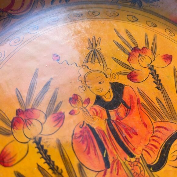 Set of 2 Wax Stamped Vintage Asian Hand Painted Floral Wooden Plates - Picture 3 of 16